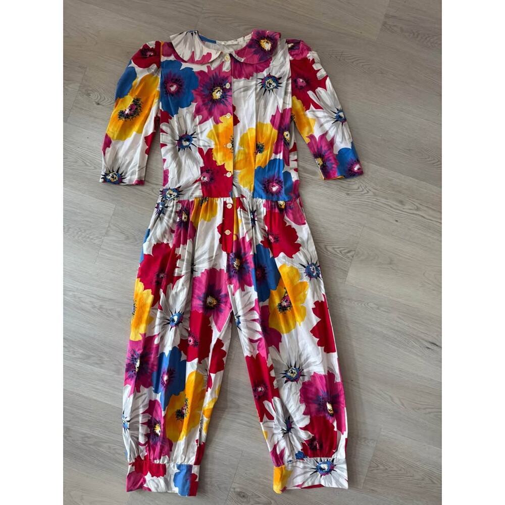 Vintage Nuria Women’s Medium Floral Print Long Sleeve Balloon Pant Jumpsuit